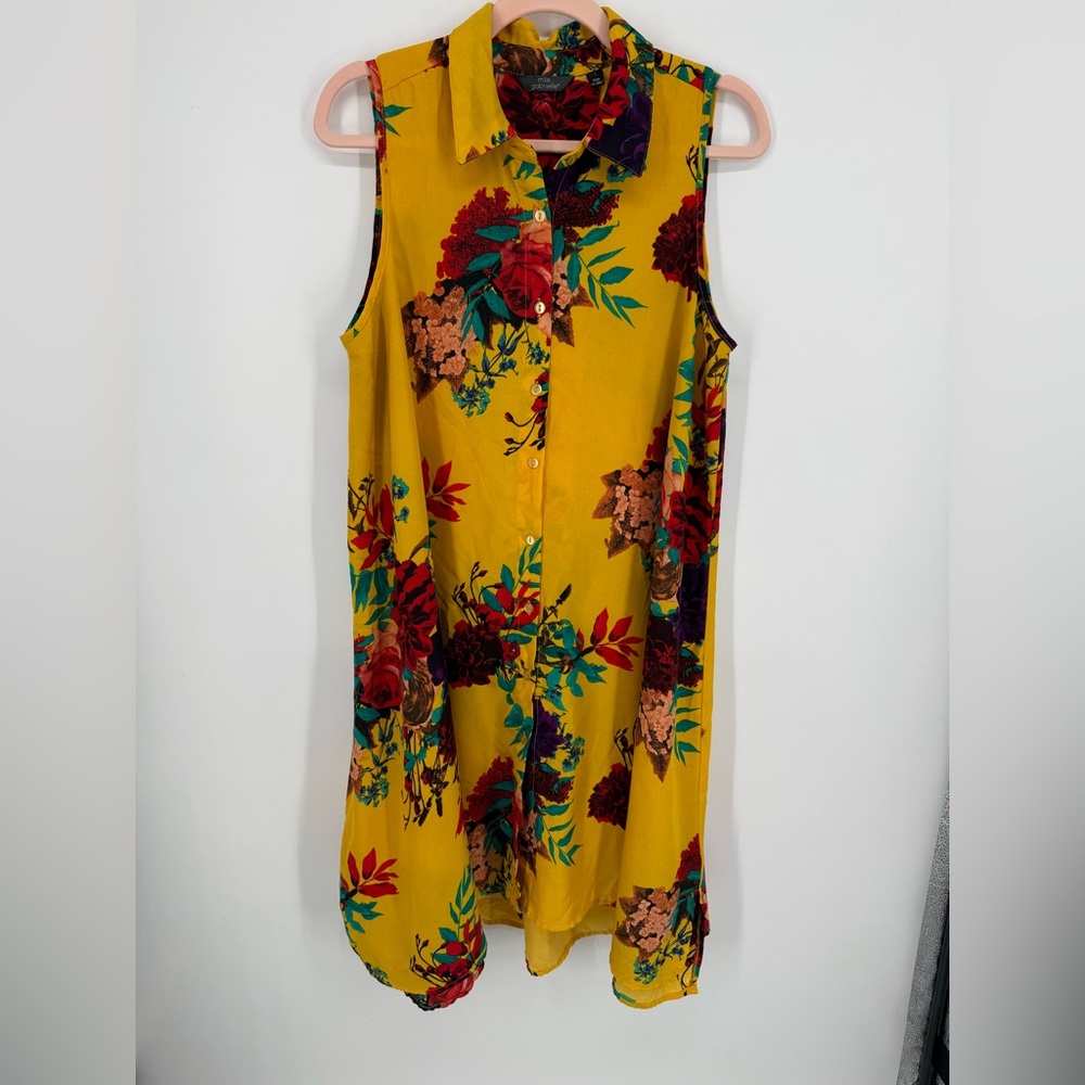 Mlle Gabrielle Women Yellow‎ Sleeveless Floral Dress Large Flowy Boho